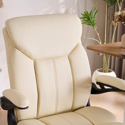 Leather Executive Office Chair - Ergonomic Computer Chair with Flip-up Arms Comfy PU Leather Home Desk Chairs Mid Back Support Adjustable Height Tilt Lock Swivel Rolling Wheels, Beige