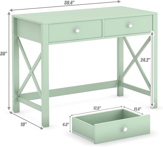 WiberWi Home Office Desk with Drawers, Modern Writing Computer Desk for Bedroom, Small Makeup Vanity Table Study Table for Home Office,Green