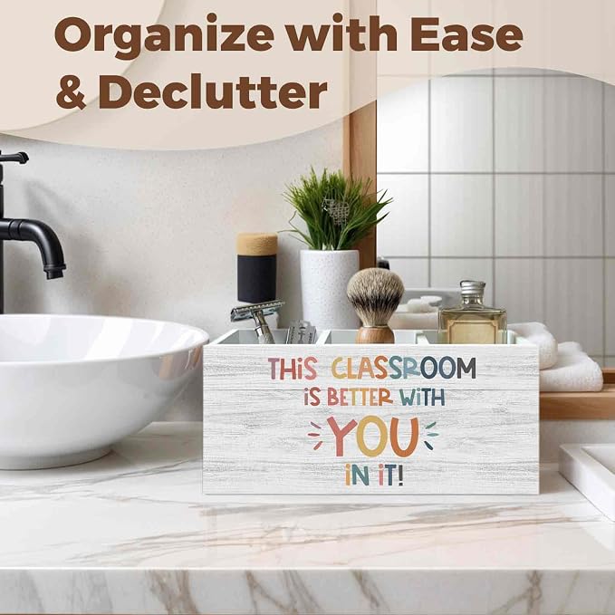 Boho Classroom Pencil Pen Holder for Desk Organizer, Inspirational Motivational Gifts, This Classroom Is Better with You in It Wooden Box Decorations for Kids Room Bedroom Desk Tabletop Decor