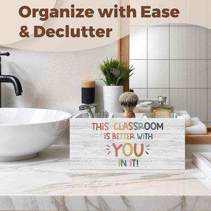 Boho Classroom Pencil Pen Holder for Desk Organizer, Inspirational Motivational Gifts, This Classroom Is Better with You in It Wooden Box Decorations for Kids Room Bedroom Desk Tabletop Decor
