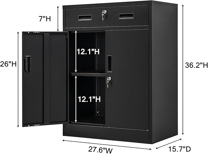 CMY Metal Storage Cabinet, Locking Storage Cabinet with 1 Drawer and Adjustable Shelf, 36" H x 28" W x 16" D Metal Cabinets for Office, Garage, Home-Black