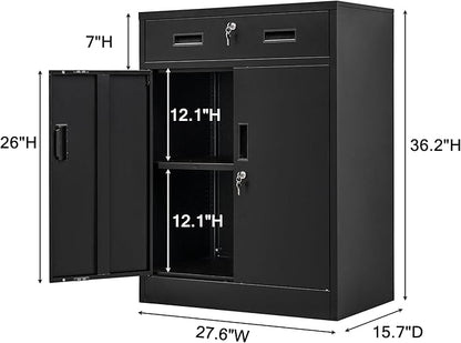 CMY Metal Storage Cabinet, Locking Storage Cabinet with 1 Drawer and Adjustable Shelf, 36" H x 28" W x 16" D Metal Cabinets for Office, Garage, Home-Black