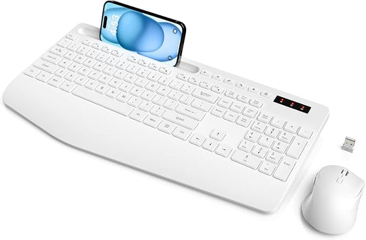 Wireless Keyboard and Mouse Combo - Full Size Ergonomic Wrist Rest, Silent Typing, Phone Holder, 2.4 GHz, 3 Level DPI, Batteries Powered, KM23D Set Compatible with PC, Laptop, Windows, macOS -SABLUTE