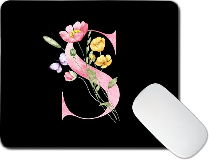 Mouse Pad Pinks Flowers Initial Letters Mousepad Desktop Laptop Computer Accessories Home Office Gaming Work Desk Computer Non-Slip Rubber Monogram Floral Alphabet A-Z mousepad (S)