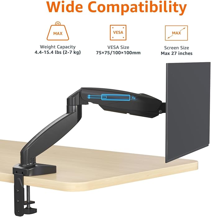 Amazon Basics Gas Spring Single Monitor Arm Desk Mount, Adjustable Tension, Fits 15–27 Inch Monitors, Supports 4.4–15.4 lbs, VESA 75x75/100x100, Black