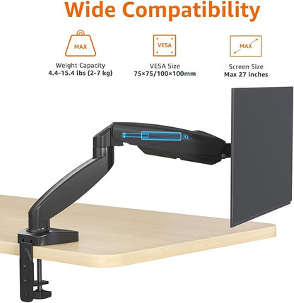 Amazon Basics Gas Spring Single Monitor Arm Desk Mount, Adjustable Tension, Fits 15–27 Inch Monitors, Supports 4.4–15.4 lbs, VESA 75x75/100x100, Black