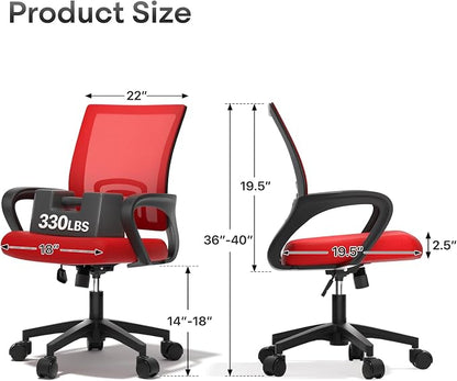 Ergonomic Office Chair, Breathable Mesh Computer Desk Chair | with Lumbar Support & Armrest, Rolling Swivel Adjustable Tilt Lock for Home Office/Gaming, Bedroom Study, Red