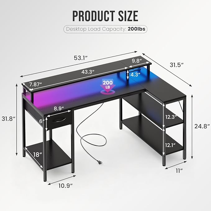 DUMOS 53" Gaming Desk with USB Charging Ports & LED Lights, Reversible L-Shaped Corner Computer Table for Small Spaces, Power Outlets, Monitor Stand & Storage Shelves Included, Black