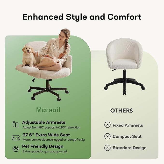 Marsail Criss Cross Office Chair with Adjustable Armrests & Wheels, Vanity Chair with Wide Cushion, Reclining Back, Soft Chenille Fabric, Desk Chair for Home Office, Makeup Room, Bedroom, White