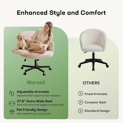 Marsail Criss Cross Office Chair with Adjustable Armrests & Wheels, Vanity Chair with Wide Cushion, Reclining Back, Soft Chenille Fabric, Desk Chair for Home Office, Makeup Room, Bedroom, White