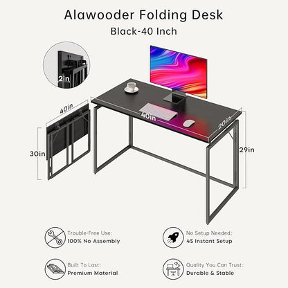 alawooder Folding Desk - 39.4” Wood Top Foldable Desk for Small Spaces | No Assembly Required Compact Desk for Home Office, Writing, and Study