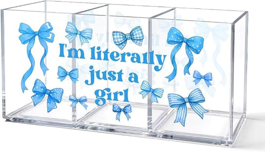 I'm Literally Just A Girl Acrylic Cosmetic Organizer Pen Holder, Blue Bow Desk Vanity Organizers Accessories With 3 Compartments, Birthday Appreciation Gifts for Bestie Sister Bow Lovers BBF