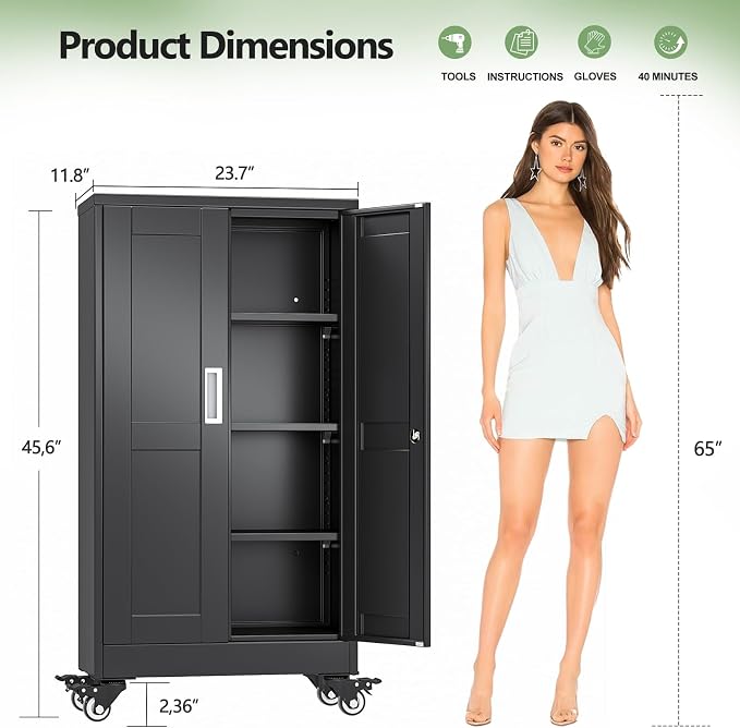 Metal Garage Storage Cabinets and storage system, 46”Tall Rolling utility cabinet with Wheels, Lock, 3 Adjustable Shelves, Heavy Duty Steel Tool Locker for Home Office, Utility Room, Gym,Black