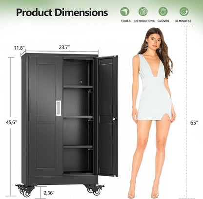 Metal Garage Storage Cabinets and storage system, 46”Tall Rolling utility cabinet with Wheels, Lock, 3 Adjustable Shelves, Heavy Duty Steel Tool Locker for Home Office, Utility Room, Gym,Black