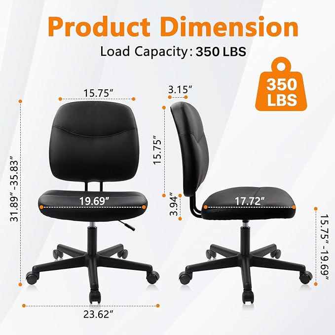 CLATINA Armless Home Office Chair,Small PU Leather Ergonomic Low Back Desk Chair with Lumbar Support and Wheels, Adjustable Height 360° Swivel Rolling Computer Task Chair, Black, 2 Pack