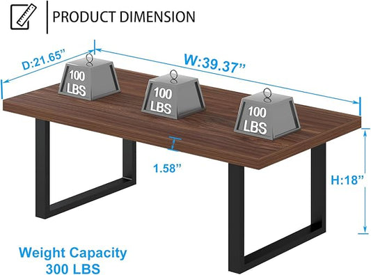 IBF Walnut Coffee Table, Minimalist Wooden Living Room Table, Modern Simple Rectangle Center Table, Vintage Rustic Wood and Metal Cocktail Tea Coffee Table for Home Bedroom Office, Walnut, 39 Inch