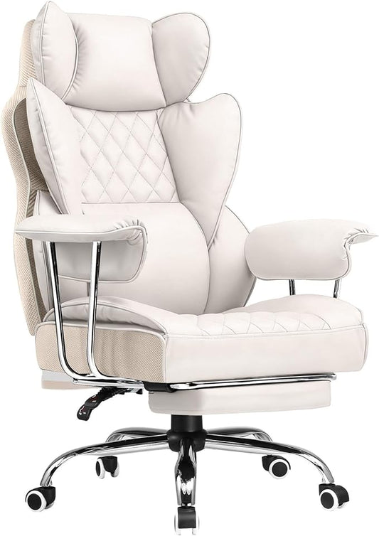 COMHOMA Big and Tall Office Chair, High Back Leather Gaming Chair with Footrest, Executive Ergonomic Office Chairs with Pocket Spring Lumbar Support and with Outward Fixed Soft Armrests