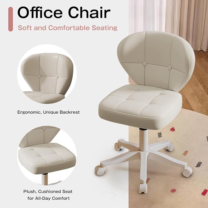 Small Office Chair with Lumbar Support, PU Leather Armless Swivel Desk Chair Adjustable Height, Compact Rolling Chair for Home Office, Bedroom, Study （White Set of 2）