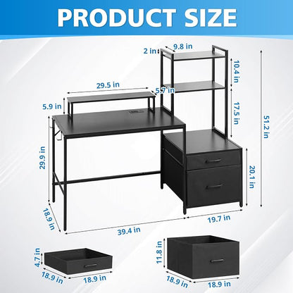 KATHY&BOB 59.1" Computer Desk with Power Outlets and Storage Shelves, Reversible Home Office Desk with 2 Fabric Drawers, Sturdy Writing Table with Detachable Monitor Stand for Small Spaces
