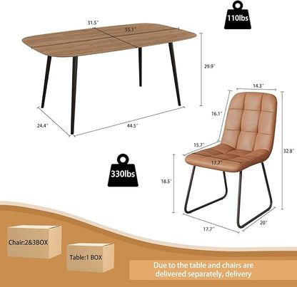 HIPIHOM 55.1'' Dining Table Set for 4,Modern Wood Dining Table,Leather Dining Chairs 4,Table and Chairs Set of 4,Ideal for Kitchen Dining Room (Walnut Color Table + 4 U-Shaped Brown Chairs, 55.1")