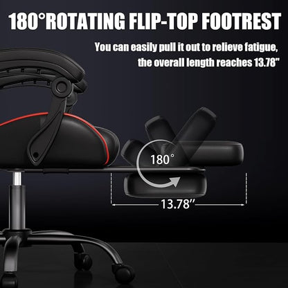 Czlolo Gaming Chair, Ergonomic Office Computer Chair with Footrest and Lumbar Support Massager Racing Style High Back Video Gamer Chair, Wide＆Thick Cushion, 90°-135° Recline, Adjustable Height, Red