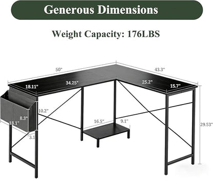 L Shaped Desk, 50 Inch Reversible Computer Desk Corner Gaming Table with CPU Stand & Storage Bag, Sturdy Metal Frame PC Workstation for Home Office, Black Wood