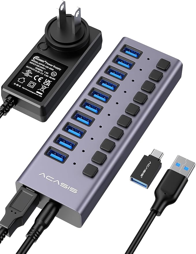 Powered USB 3.2 Hub, ACASIS 10 Ports USB 3.2 Hub with 10Gbps Data Speed, Aluminum Housing, USB Hub Powered with 48W Power Adapter, USB Hub for PC/Laptop, Computer, Flash Drive, Printer, Camera