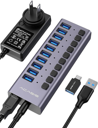 Powered USB 3.2 Hub, ACASIS 10 Ports USB 3.2 Hub with 10Gbps Data Speed, Aluminum Housing, USB Hub Powered with 48W Power Adapter, USB Hub for PC/Laptop, Computer, Flash Drive, Printer, Camera
