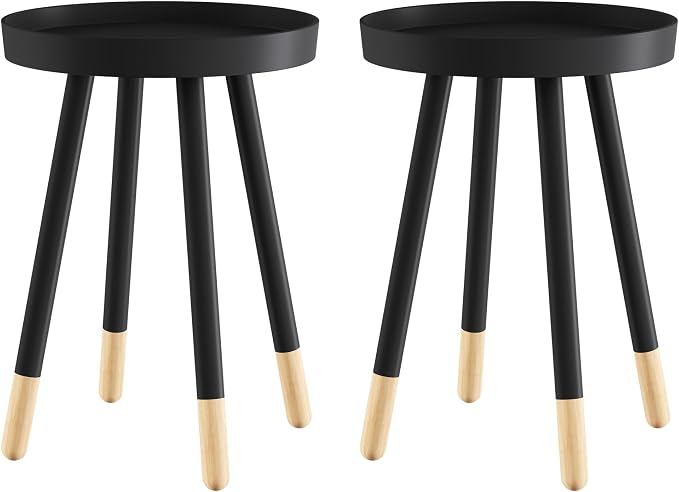 Lavish Home Round End Table Set of 2 – 17 Inch Small Round Side Table Set with Tray Tops and Color-Block Spindle Legs – Wooden Mid Century Modern Living Room Furniture (Black)