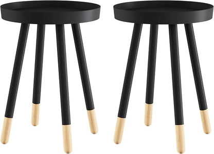 Lavish Home Round End Table Set of 2 – 17 Inch Small Round Side Table Set with Tray Tops and Color-Block Spindle Legs – Wooden Mid Century Modern Living Room Furniture (Black)