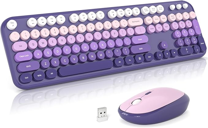 Atelus Wireless Keyboard and Mouse, 2.4G USB Retro Full Size Typewriter Keyboard and Cute Mouse Combo for Windows 7/8/10, Laptop, Desktop, PC, Computer (Purple)