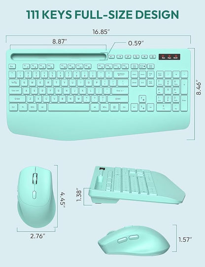 SABLUTE Wireless Keyboard and Mouse, Wrist Rest, Phone Holder, Battery Powered, 2.4G Lag-Free Ergonomic Keyboards Mouse Combo, KM23D Silent Keyboards Set for PC, Laptop, PC, Windows, Mint Green