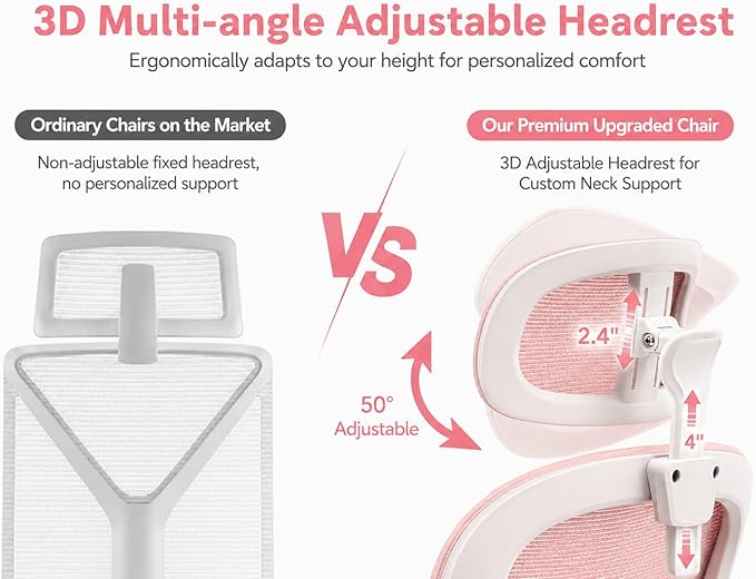 Ergonomic Office Chair with Adjustable Headrest & Lumbar Support, High Back Mesh Desk Chair, 330 LBS Capacity Swivel Computer Chair with Flip-Up Arms, Home Office Gaming Chair(Pink)