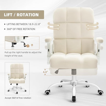 SEATZONE Home Office Chair–Beige Velvet Desk Chair with Wheels, Comfortable Computer Work Chair with Flip-up Arms and Adjustable Tilt