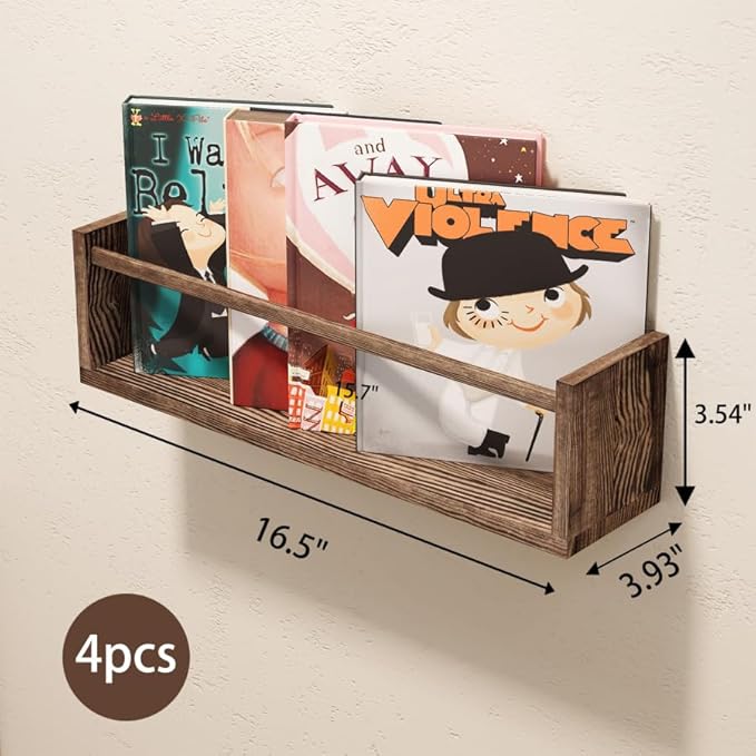Fixwal Floating Book Shelves for Wall, 16.5 Inch Nursery Book Shelves for Kids Rooms, Shelves for Kids Room Set of 4, Solid Wood Wall Mounted Shelves for Books and Toys Storage (Brown)