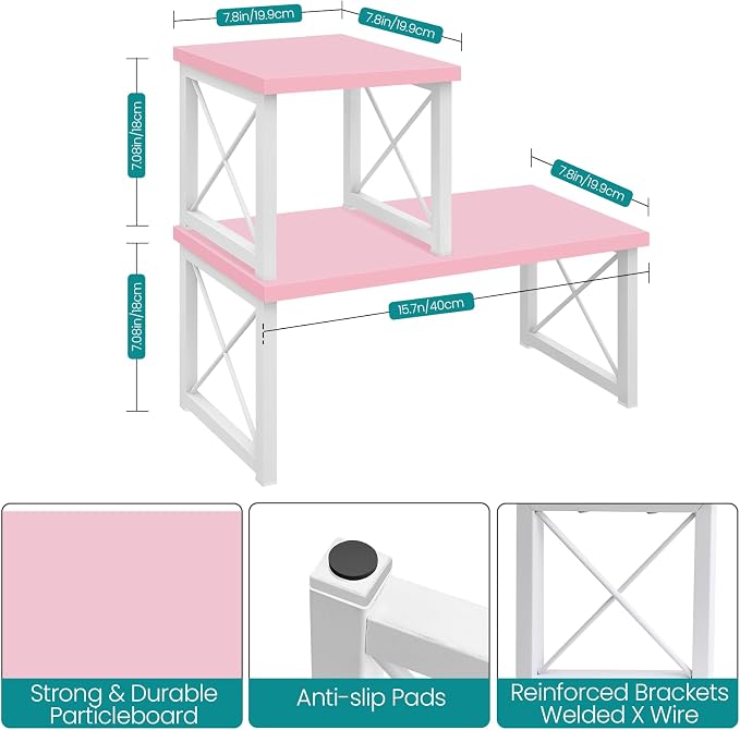 ELITEROO Desktop Shelf, 2 Tier Independent Stackable Desk Stand, Adjustable Freestanding Table Top Mini Bookshelf, Aesthetic Storage Organizers for Women/Girls/Daughter, Pink