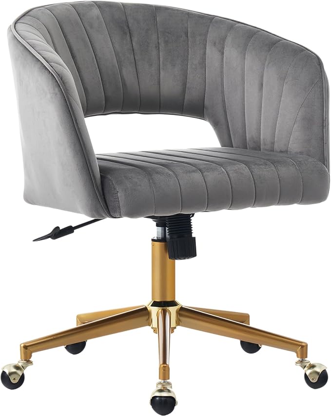 Vanity Chair with Back 360 Swivel Armchair and Gold Base, Criss Cross Chair with Wheels for Vanity Home Office, Living Room, Bedroom and Study (Grey)