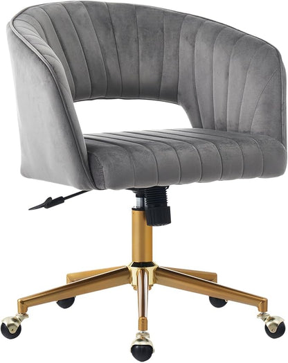 Vanity Chair with Back 360 Swivel Armchair and Gold Base, Criss Cross Chair with Wheels for Vanity Home Office, Living Room, Bedroom and Study (Grey)