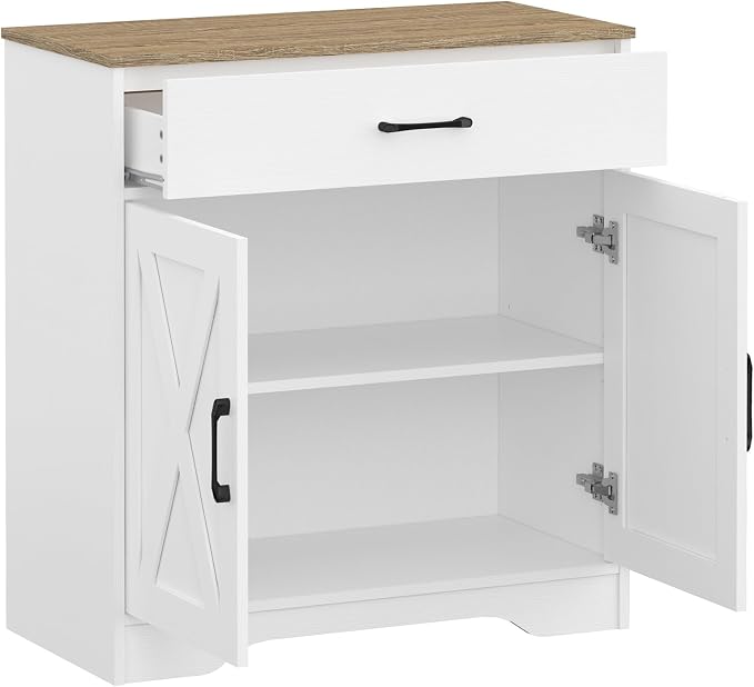 Panana Wooden Cabinet 1 Drawer and 2 Doors Storage Cupboard Coffee Bar Sideboard Farmhouse Entryway Organizer Console (White)