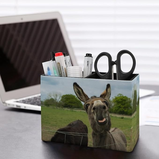 Niapessel Pencil Holder for Desk, Brown Furry Donkey Pen Holder Storage Desktop Pen Organizer Desk Pencil Organizer Makeup Brush Holder for Office School College Leather