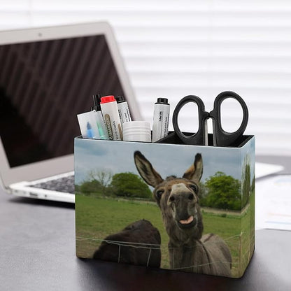 Niapessel Pencil Holder for Desk, Brown Furry Donkey Pen Holder Storage Desktop Pen Organizer Desk Pencil Organizer Makeup Brush Holder for Office School College Leather