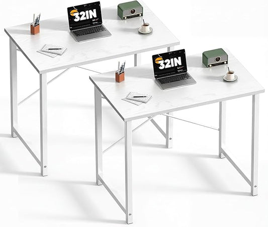 Sweetcrispy Small Computer Office Desk 32 Inch Student Study Writing Work with Metal Frame Wood Tabletop Modern Simple Home Bedroom PC Table - White, 2 Pack