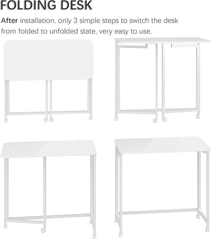 4NM 31.5" Mobile Small Rolling Computer Desk, Folding Laptop Cart Table with Wheels, Portable Office Desk for Small Space Couch Bed - All White