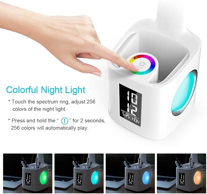 7-in-1 Study Desk Lamp with USB Charging, Screen, Calendar, Color Night Light, Kids LED Table Lamp with Pen Holder, Clock, Reading Light, 10W