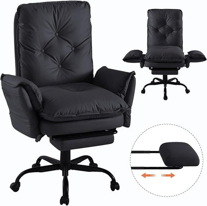 Bestier Cross Legged Office Chair with Footrest, High Back Criss Cross Chair with Reversible Armrests and Wheels, Big and Tall Reclining Office Chair for Home PU Leather Black