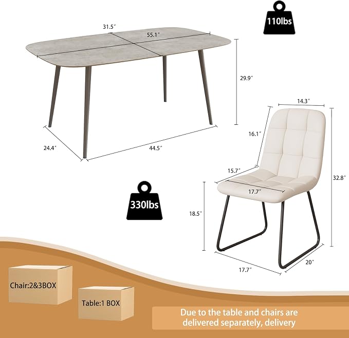 HIPIHOM 55.1'' Dining Table Set for 4,Modern Wood Dining Table,Leather Dining Chairs 4,Table and Chairs Set of 4,Ideal for Kitchen Dining Room (Gray Table + 4 U-Shaped White Chairs, 55.1")