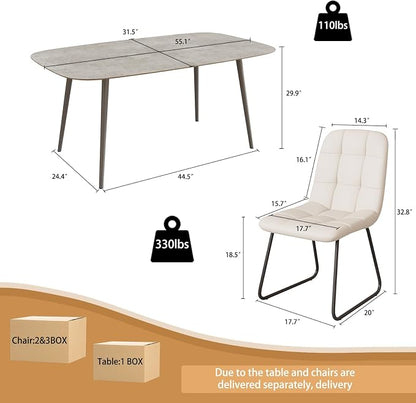 HIPIHOM 55.1'' Dining Table Set for 4,Modern Wood Dining Table,Leather Dining Chairs 4,Table and Chairs Set of 4,Ideal for Kitchen Dining Room (Gray Table + 4 U-Shaped White Chairs, 55.1")