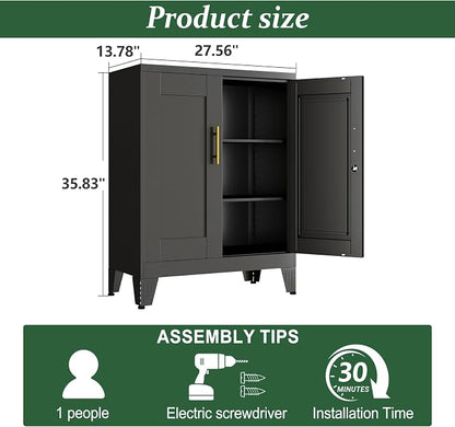 Black Metal Storage Cabinet, 36" Tall Locking Storage Cabinet with 2 Adjustable Shelves, Steel Locker Organizer, for Office, Home, School, 2PS