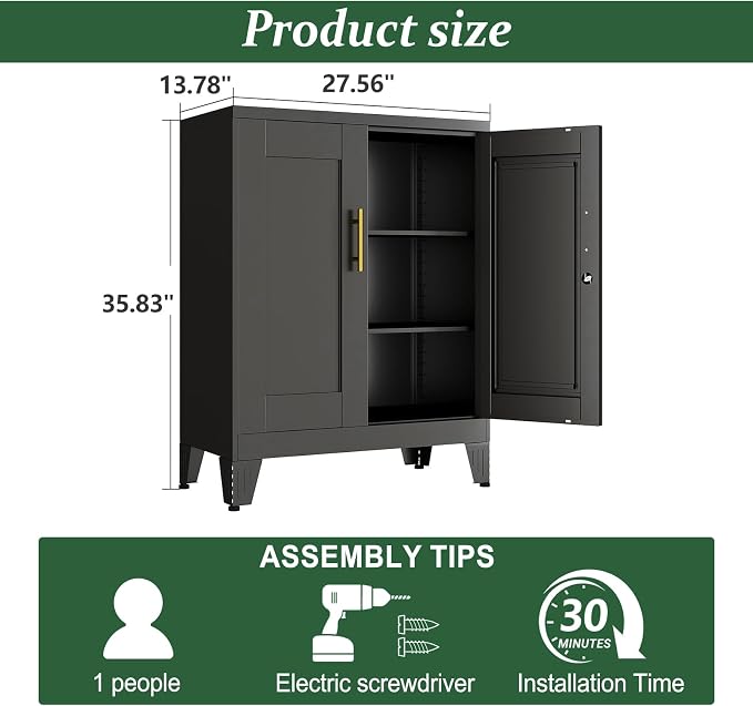 Black Metal Storage Cabinet, 36" Tall Locking Storage Cabinet with 2 Adjustable Shelves, Steel Locker Organizer, for Office, Home, School