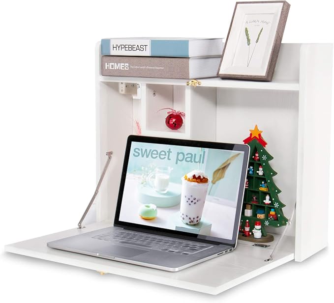 YUSING Wall Mounted Table, Multifunctional Fold Down Wall Mounted Laptop Computer Desk with Storage Compartments for Home, Office, White